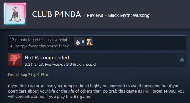 Screenshot of the article titled Dark Legend: Wukong, as reported by Steam Reviews